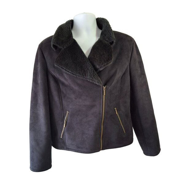 Chaps Faux Suede Moto Style Jacket Womens XL Brown Faux Fur Collar & Zip Pockets - Picture 1 of 6